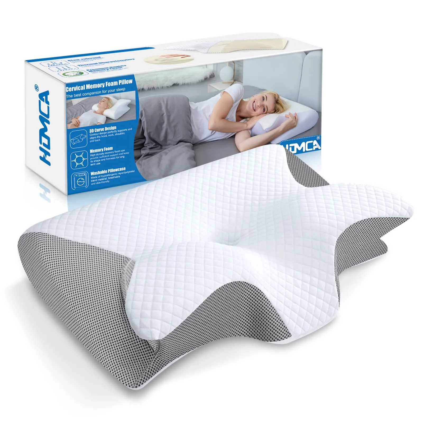 HOMCA Cuscino 2 in 1 Memory Foam Ergonomico, 60x40x12/14cm, Grigio - immagine 1