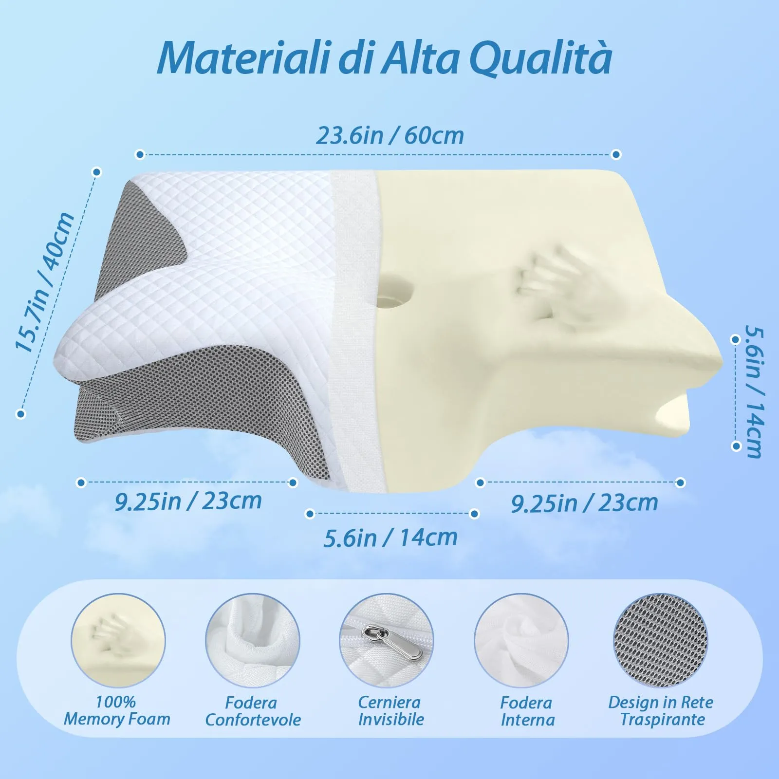HOMCA Cuscino 2 in 1 Memory Foam Ergonomico, 60x40x12/14cm, Grigio - immagine 2