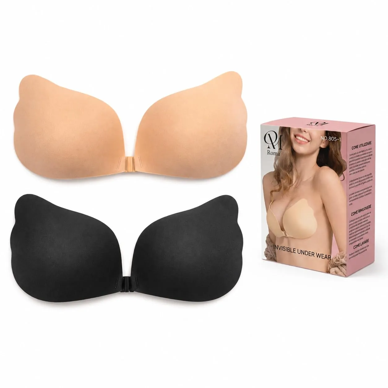 QM Reggiseno Adesivo Push Up Invisibile Senza Spalline con Chiusura Frontale, 2 Paia, Coppa D - immagine 1