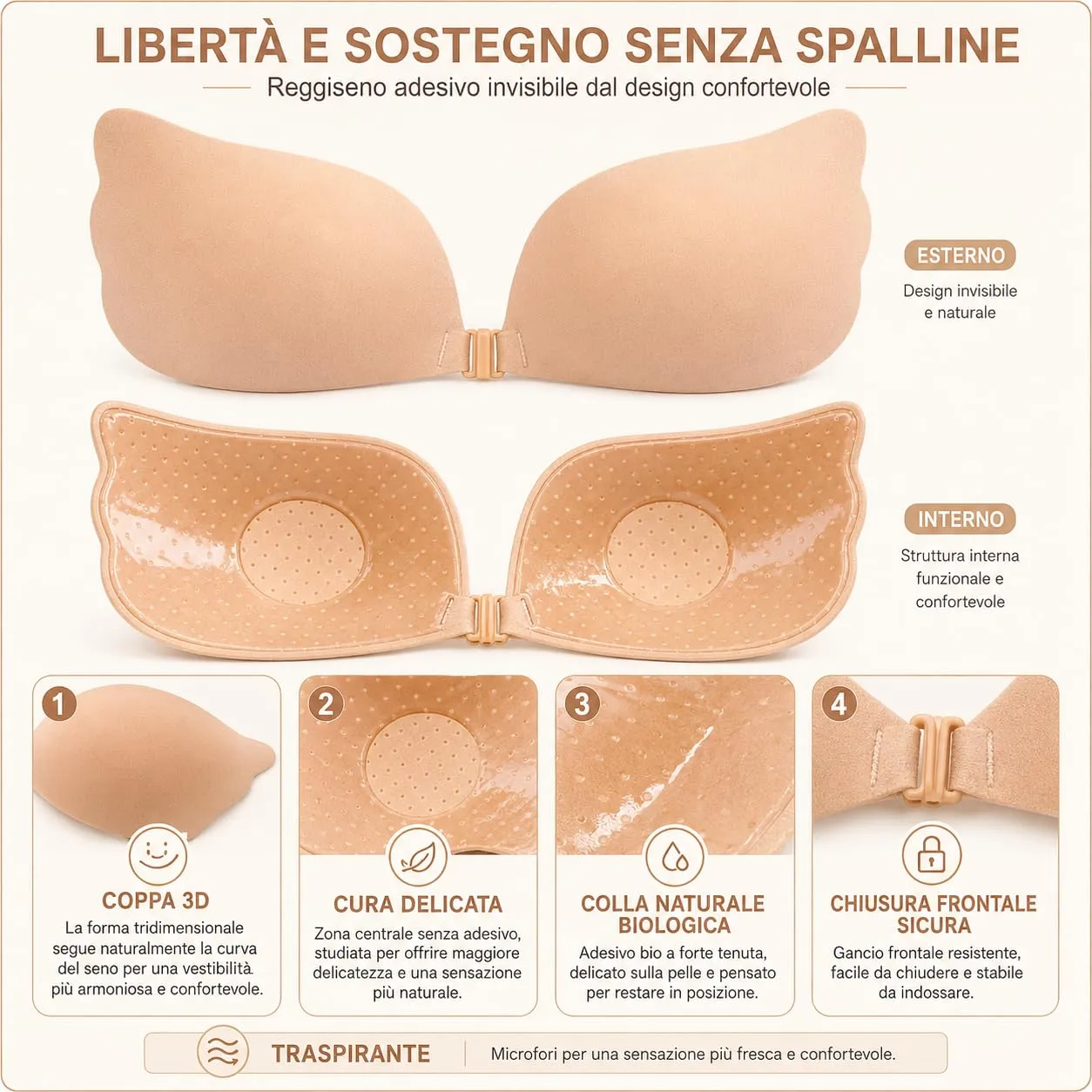 QM Reggiseno Adesivo Push Up Invisibile Senza Spalline con Chiusura Frontale, 2 Paia, Coppa D - immagine 3