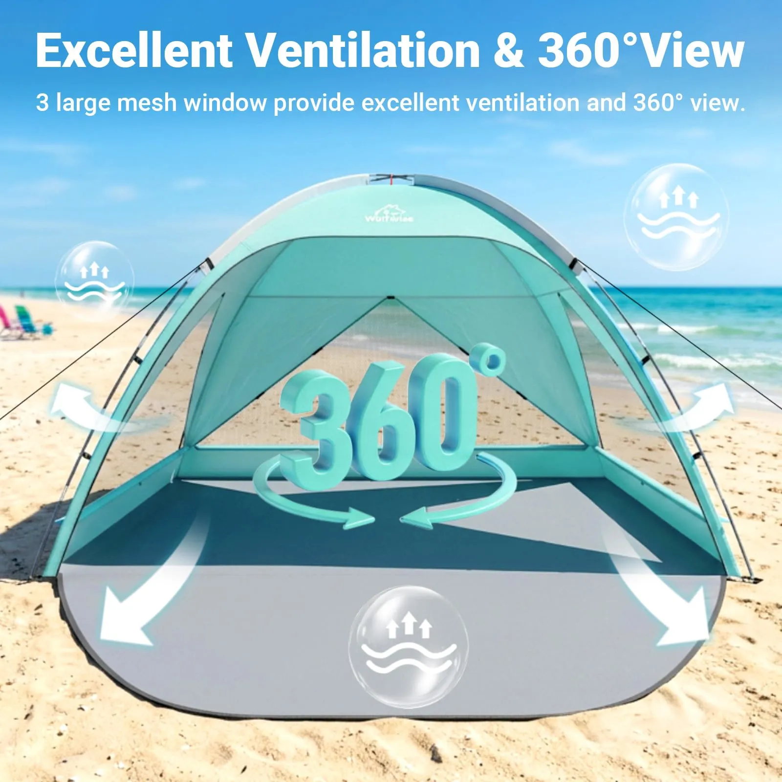 Wolfwise Tenda da Spiaggia UPF 50+ per 6 Persone, Riparo Solare Anti-UV con 3 Finestre Ventilate, Verde Menta - immagine 2