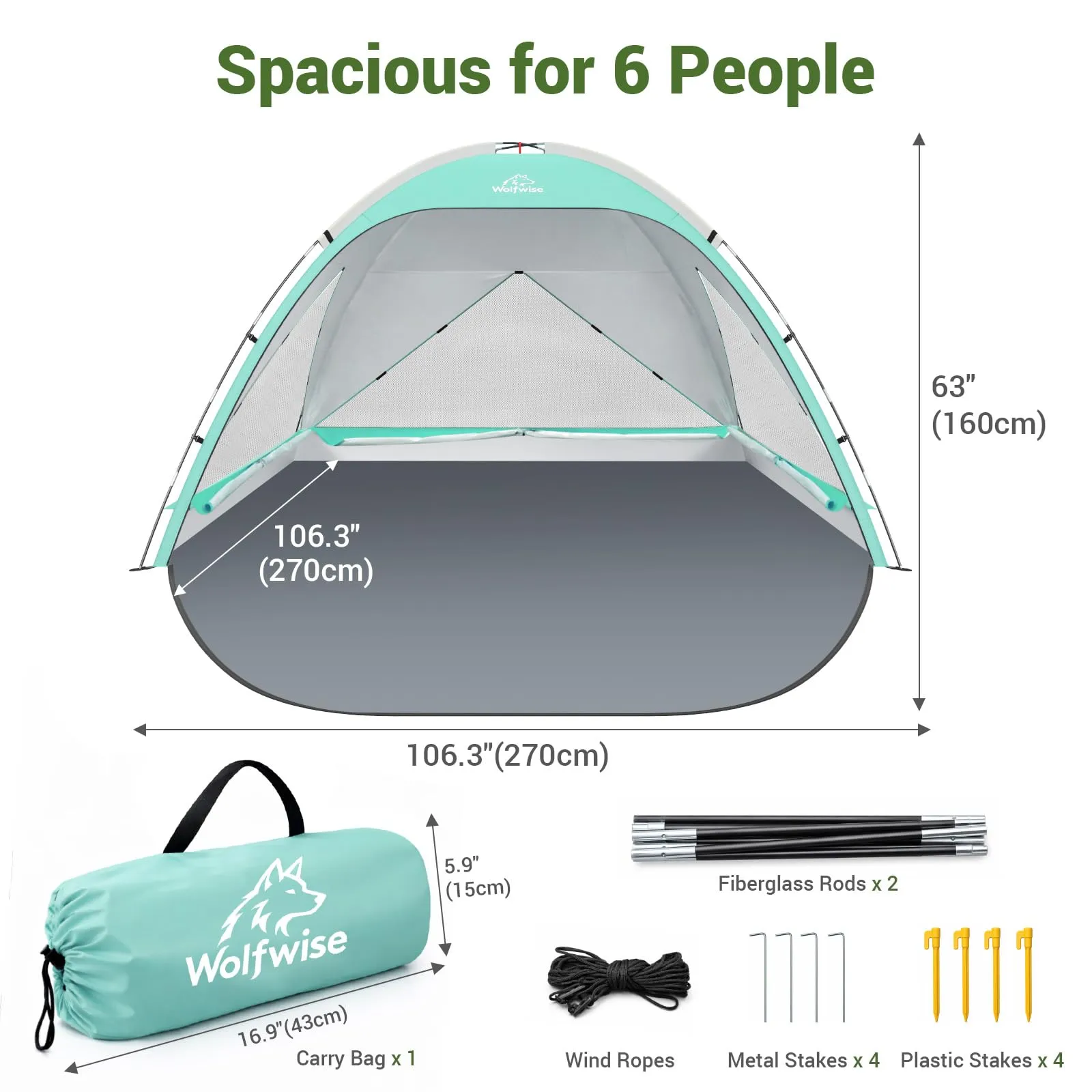 Wolfwise Tenda da Spiaggia UPF 50+ per 6 Persone, Riparo Solare Anti-UV con 3 Finestre Ventilate, Verde Menta - immagine 5