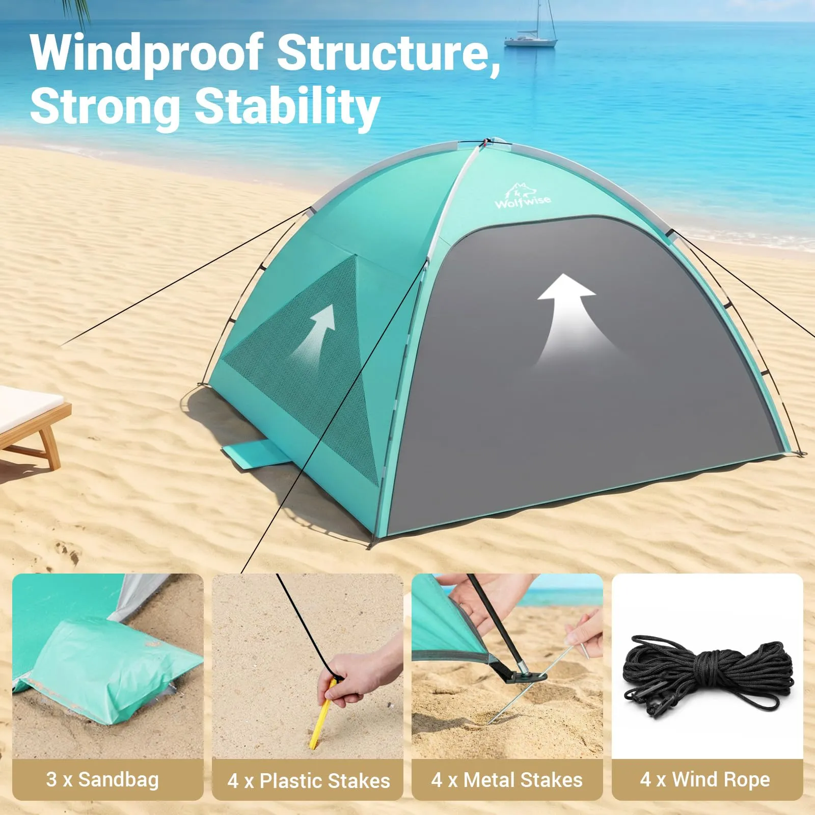 Wolfwise Tenda da Spiaggia UPF 50+ per 6 Persone, Riparo Solare Anti-UV con 3 Finestre Ventilate, Verde Menta - immagine 8
