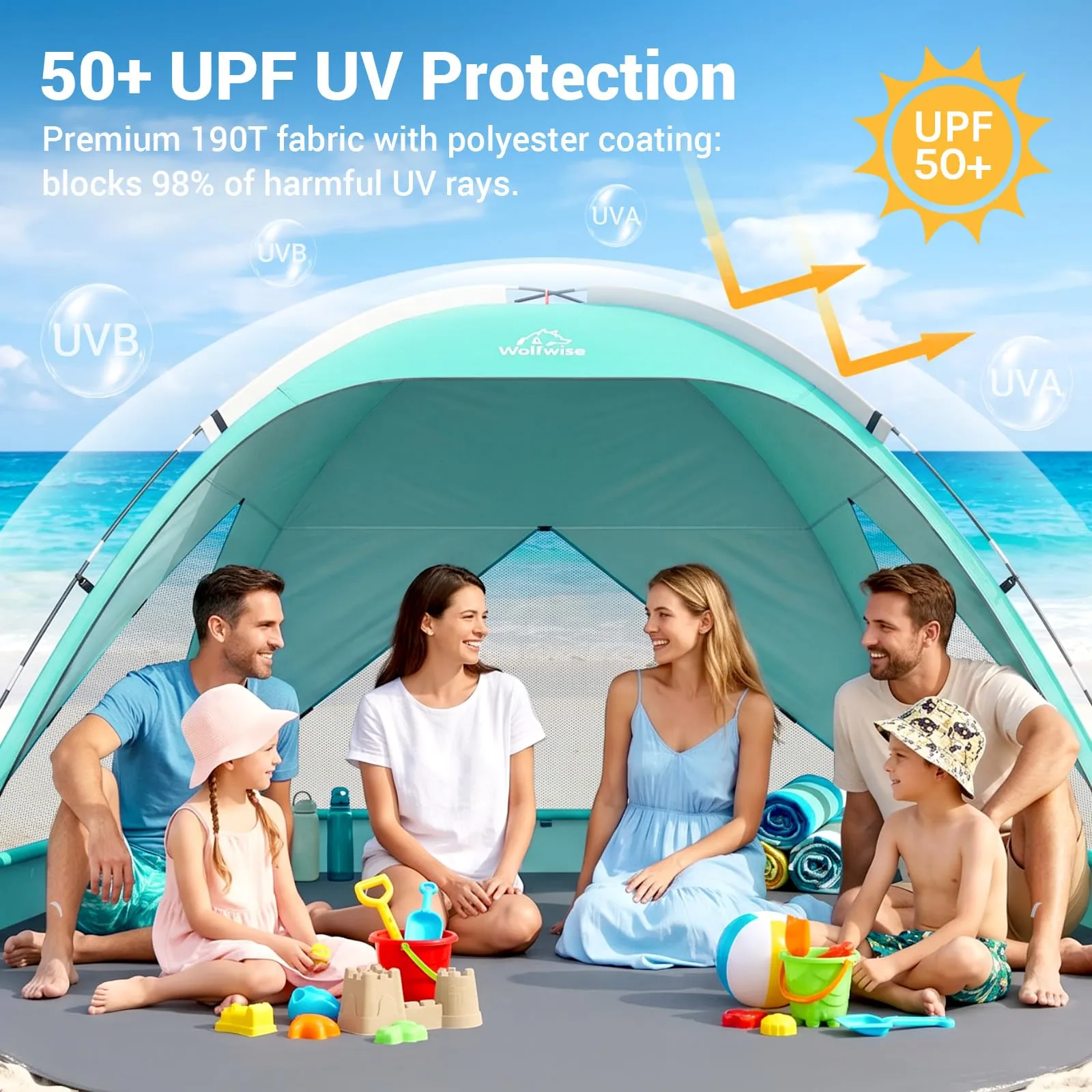 Wolfwise Tenda da Spiaggia UPF 50+ per 6 Persone, Riparo Solare Anti-UV con 3 Finestre Ventilate, Verde Menta - immagine 9