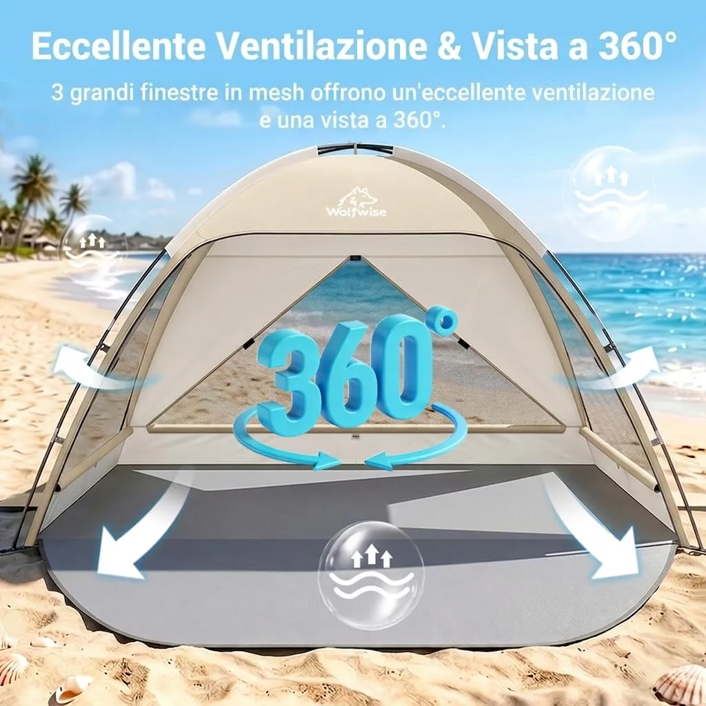 Wolfwise Tenda da Spiaggia UPF 50+, Riparo Solare con 3 Finestre Ventilate, Capacità 3 Persone, Beige - immagine 2