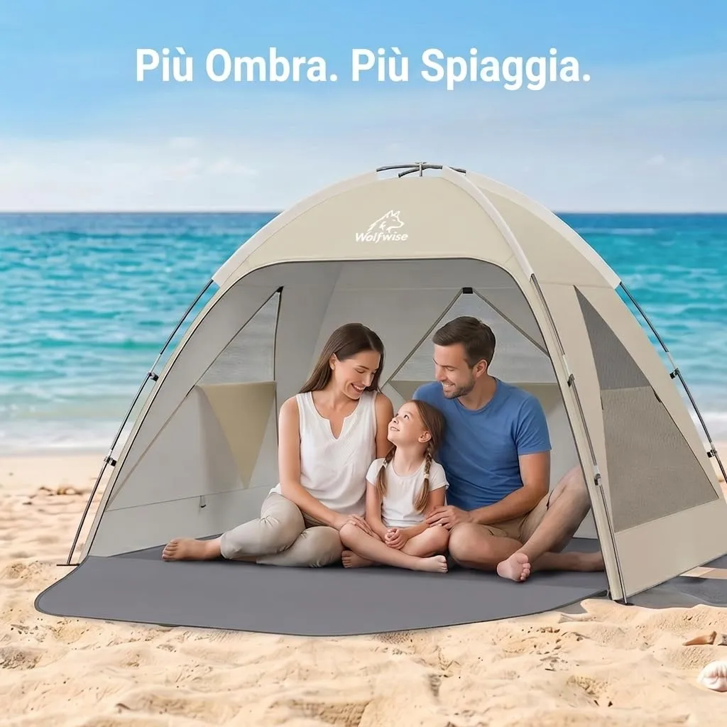 Wolfwise Tenda da Spiaggia UPF 50+, Riparo Solare con 3 Finestre Ventilate, Capacità 3 Persone, Beige - immagine 4