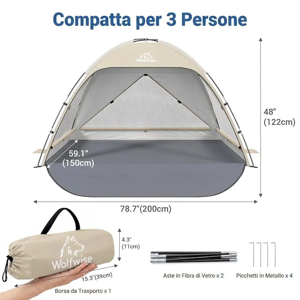 Wolfwise Tenda da Spiaggia UPF 50+, Riparo Solare con 3 Finestre Ventilate, Capacità 3 Persone, Beige - immagine 5