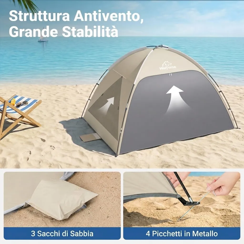 Wolfwise Tenda da Spiaggia UPF 50+, Riparo Solare con 3 Finestre Ventilate, Capacità 3 Persone, Beige - immagine 8