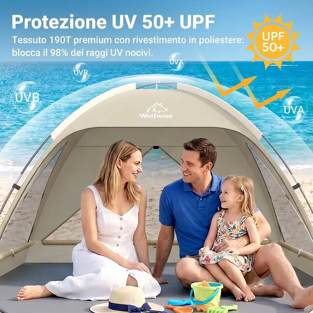 Wolfwise Tenda da Spiaggia UPF 50+, Riparo Solare con 3 Finestre Ventilate, Capacità 3 Persone, Beige - immagine 9