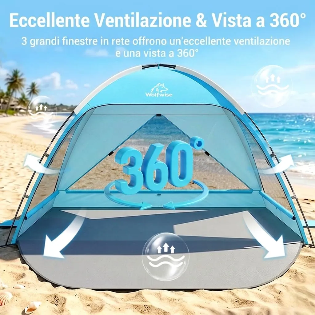 Wolfwise Tenda da Spiaggia UPF 50+, Riparo Solare Anti-UV con 3 Finestre Ventilate, Capacità 3 Persone, Blu - immagine 2