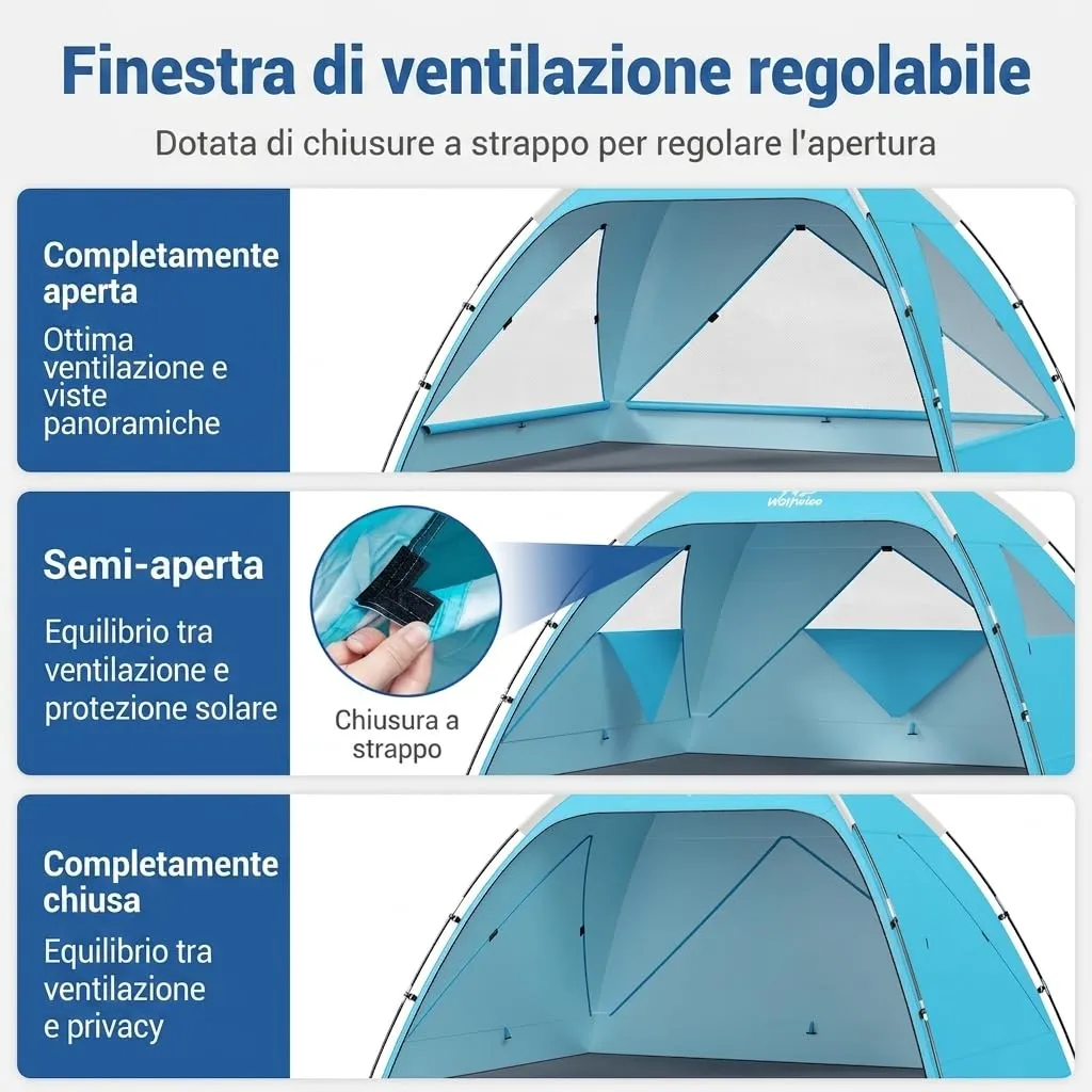 Wolfwise Tenda da Spiaggia UPF 50+, Riparo Solare Anti-UV con 3 Finestre Ventilate, Capacità 3 Persone, Blu - immagine 3