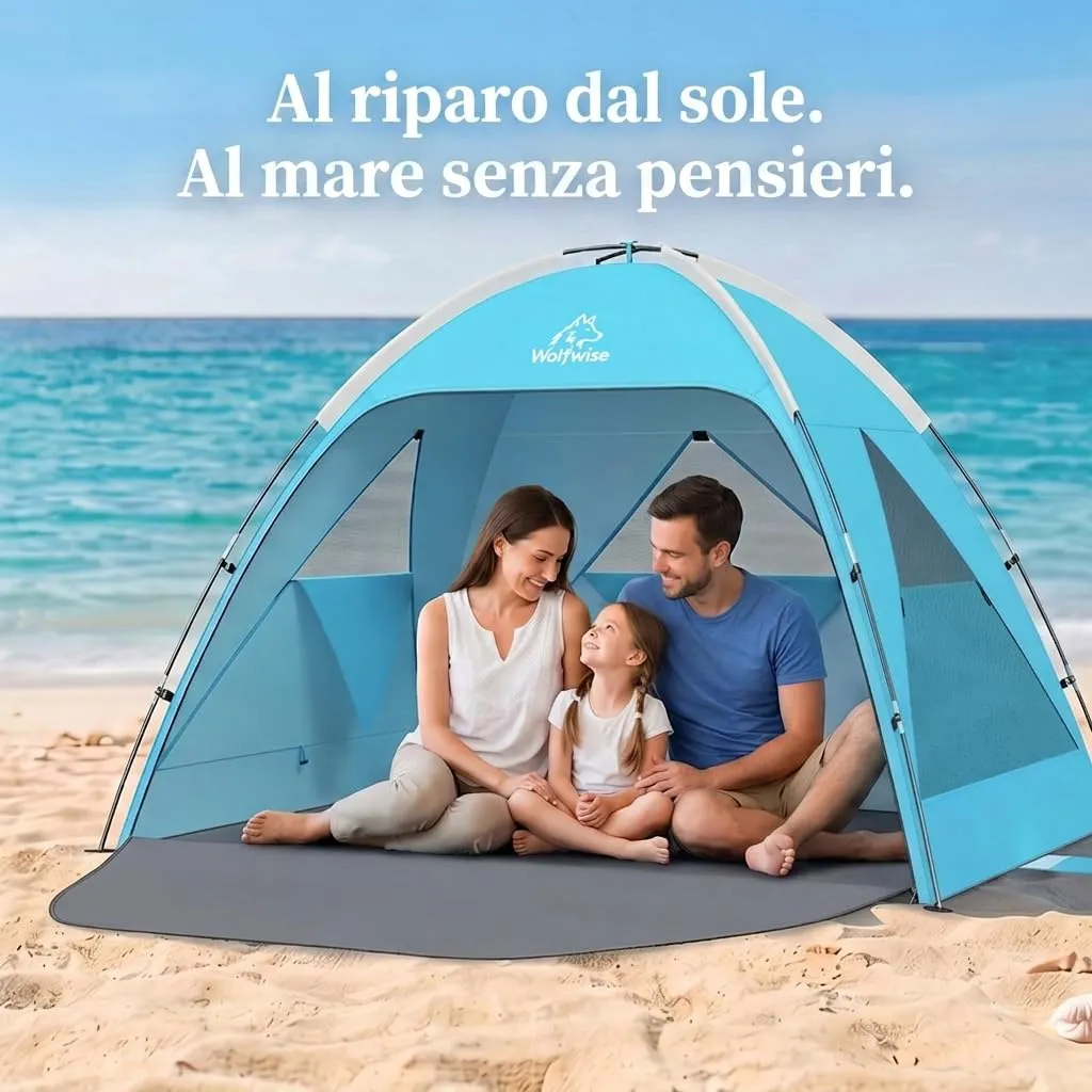 Wolfwise Tenda da Spiaggia UPF 50+, Riparo Solare Anti-UV con 3 Finestre Ventilate, Capacità 3 Persone, Blu - immagine 4