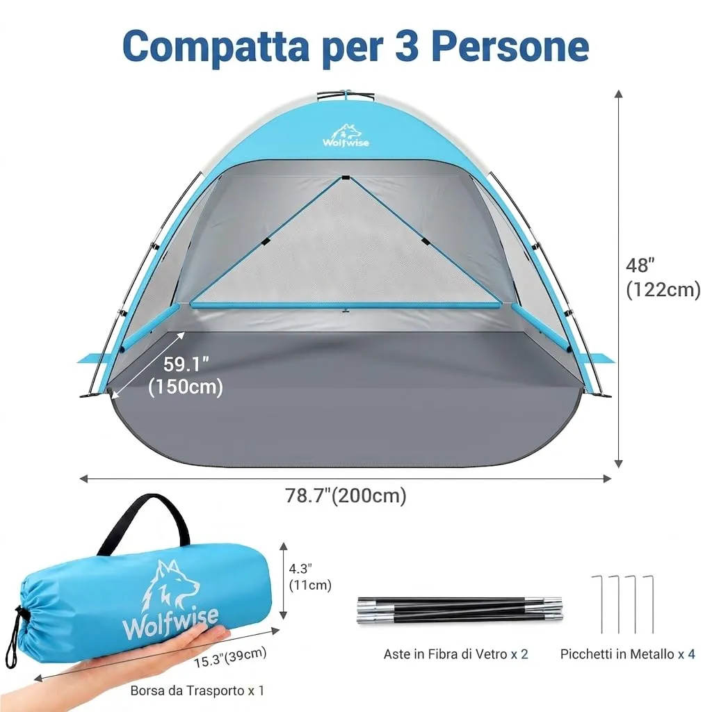 Wolfwise Tenda da Spiaggia UPF 50+, Riparo Solare Anti-UV con 3 Finestre Ventilate, Capacità 3 Persone, Blu - immagine 5
