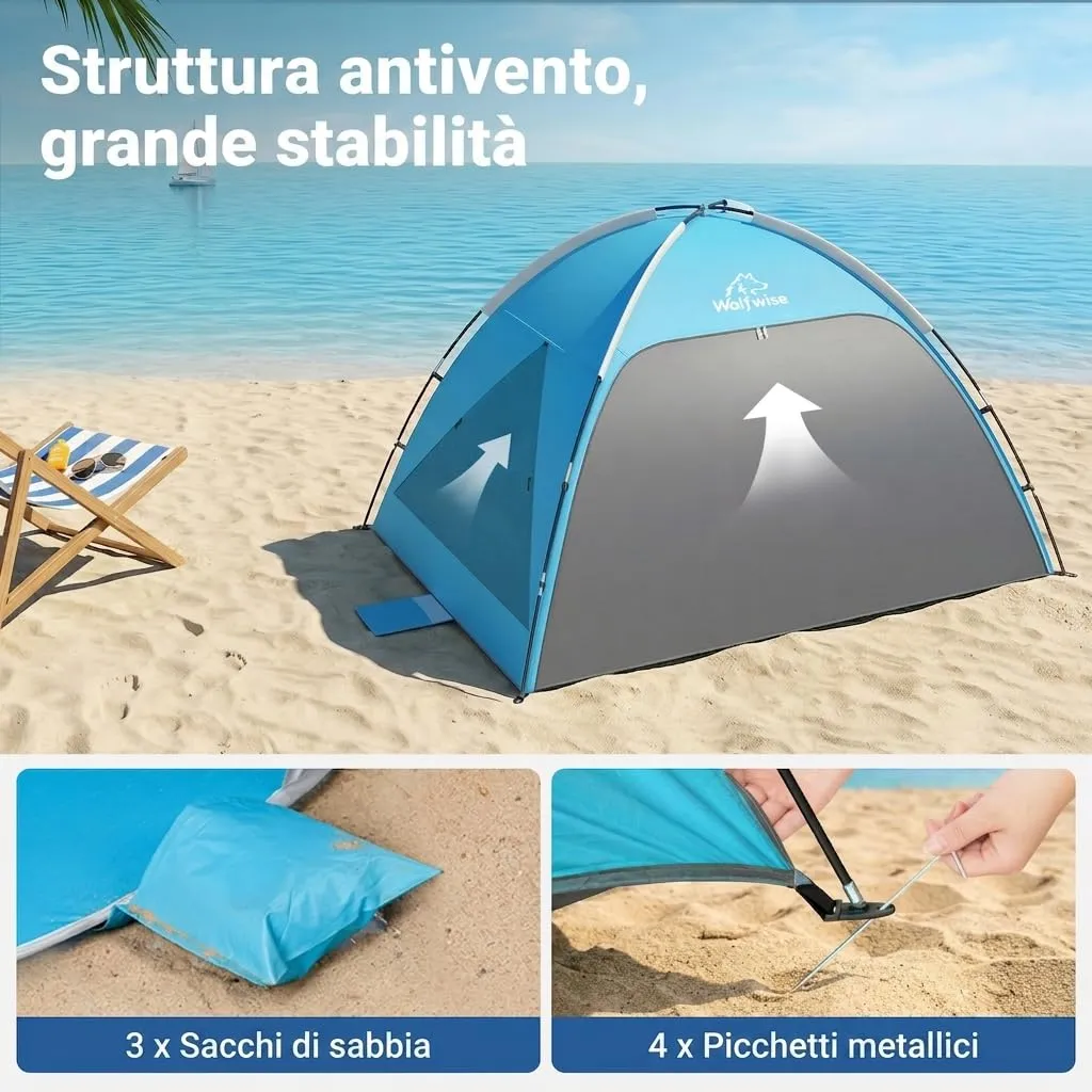 Wolfwise Tenda da Spiaggia UPF 50+, Riparo Solare Anti-UV con 3 Finestre Ventilate, Capacità 3 Persone, Blu - immagine 8