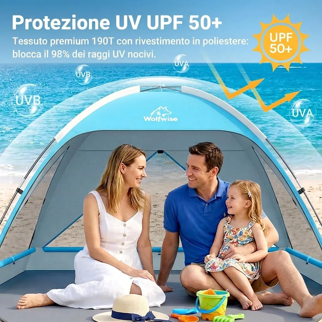 Wolfwise Tenda da Spiaggia UPF 50+, Riparo Solare Anti-UV con 3 Finestre Ventilate, Capacità 3 Persone, Blu - immagine 9