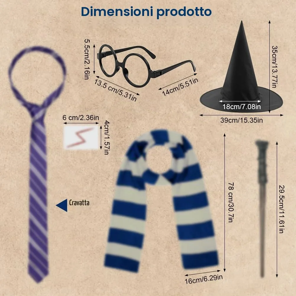AUYAO Costume di Wizard, Set di 18 Pezzi con Mantello, Cappello, Occhiali, Sciarpa, Cravatta, Bacchetta e 12 Adesivi, Kit Cosplay per Bambini e Adulti - immagine 3