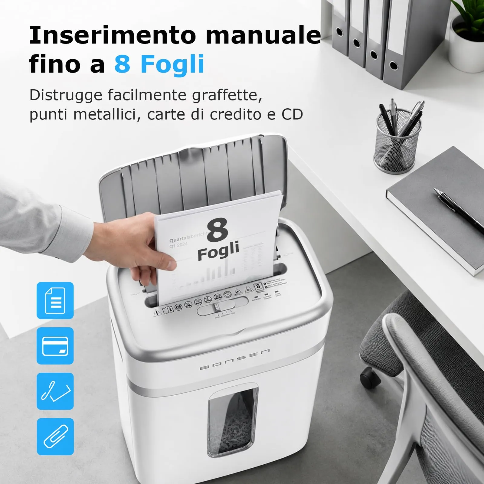 BONSEN Distruggidocumenti Auto-Feed 100 Fogli, Microtaglio P-4 - immagine 3