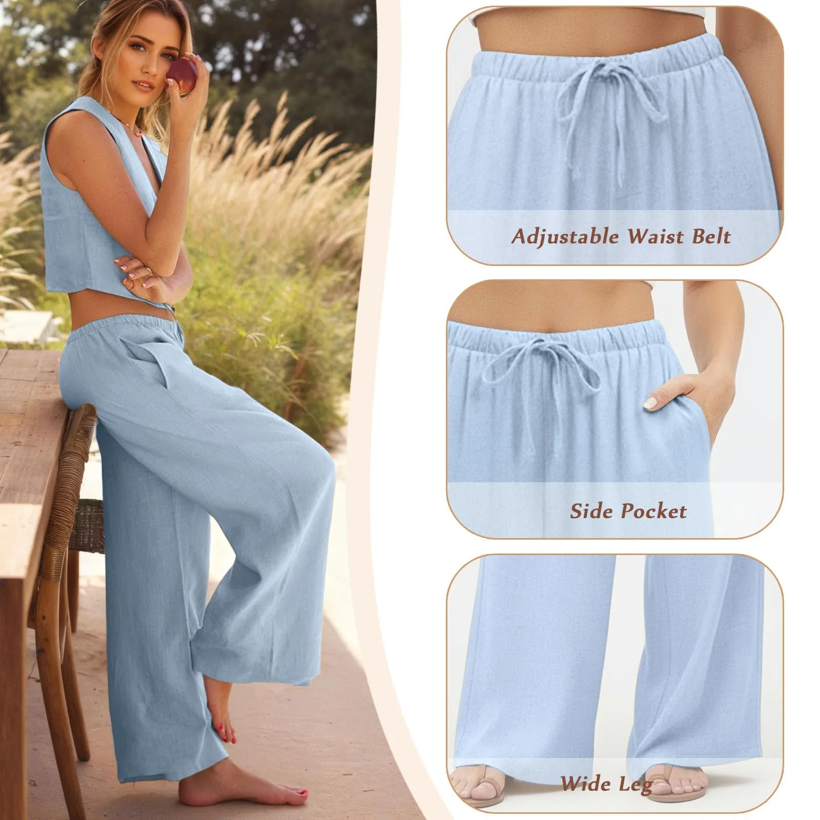 Neteson Pantaloni in Lino Donna Larghi con Vita Elastica - immagine 4