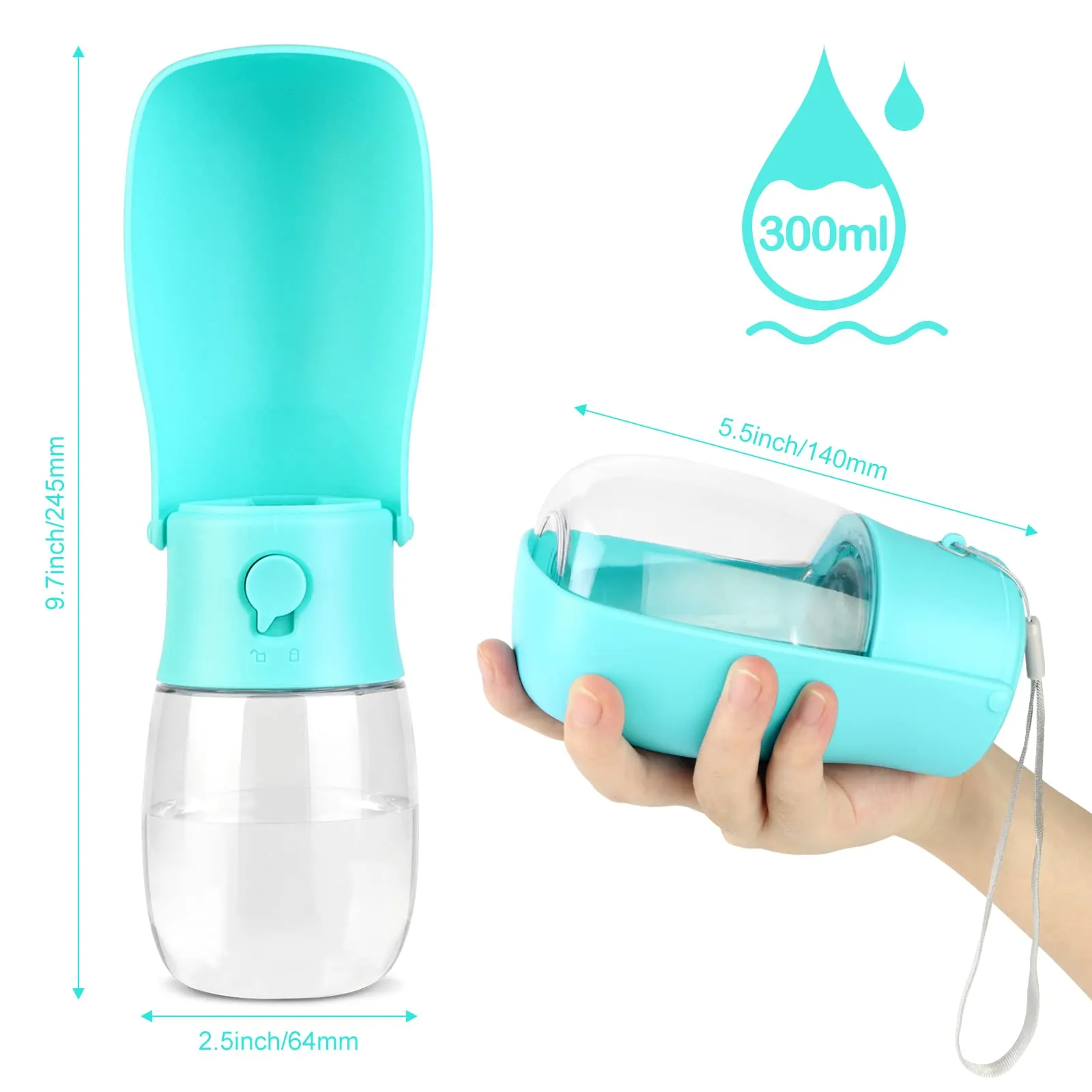 JOPHEK Borraccia per Cani Portatile 300ml, Bottiglia da Viaggio Ripiegabile a 180° con Pulsante di Blocco e Filtro a Carboni Attivi - immagine 2
