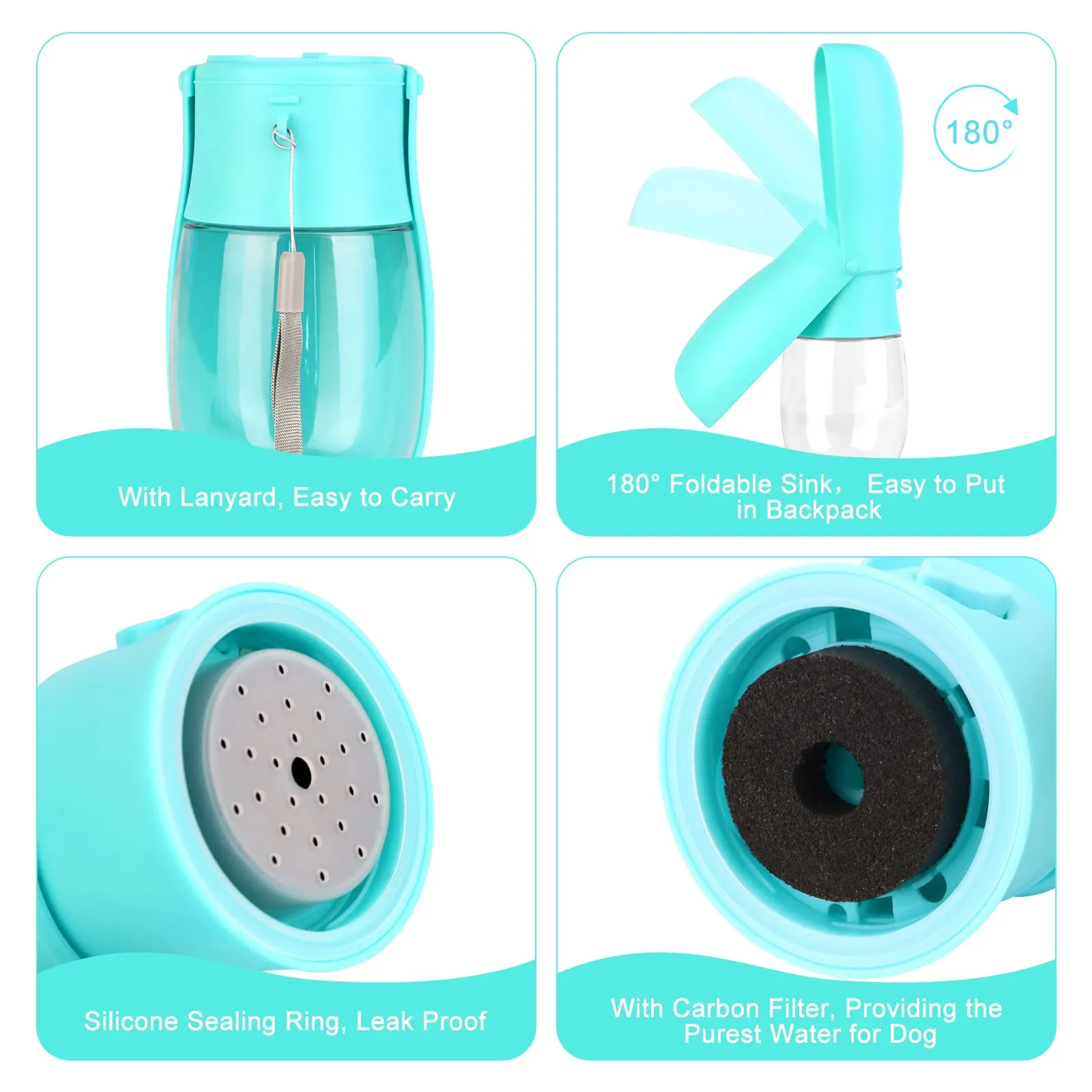 JOPHEK Borraccia per Cani Portatile 300ml, Bottiglia da Viaggio Ripiegabile a 180° con Pulsante di Blocco e Filtro a Carboni Attivi - immagine 4