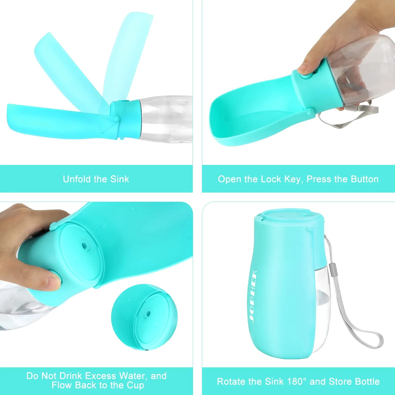 JOPHEK Borraccia per Cani Portatile 300ml, Bottiglia da Viaggio Ripiegabile a 180° con Pulsante di Blocco e Filtro a Carboni Attivi - immagine 5