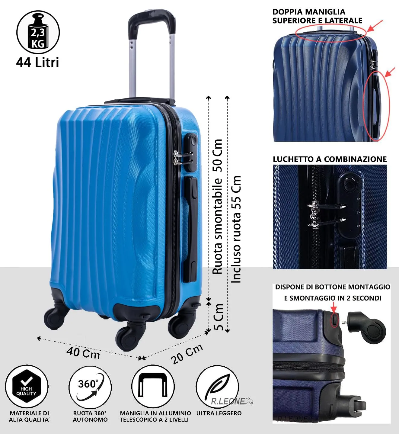 R.Leone Valigia Trolley Bagaglio a Mano 55x40x20 cm, 4 Ruote Rimovibili, ABS Ultraleggero 20373N, Azzurro - immagine 2