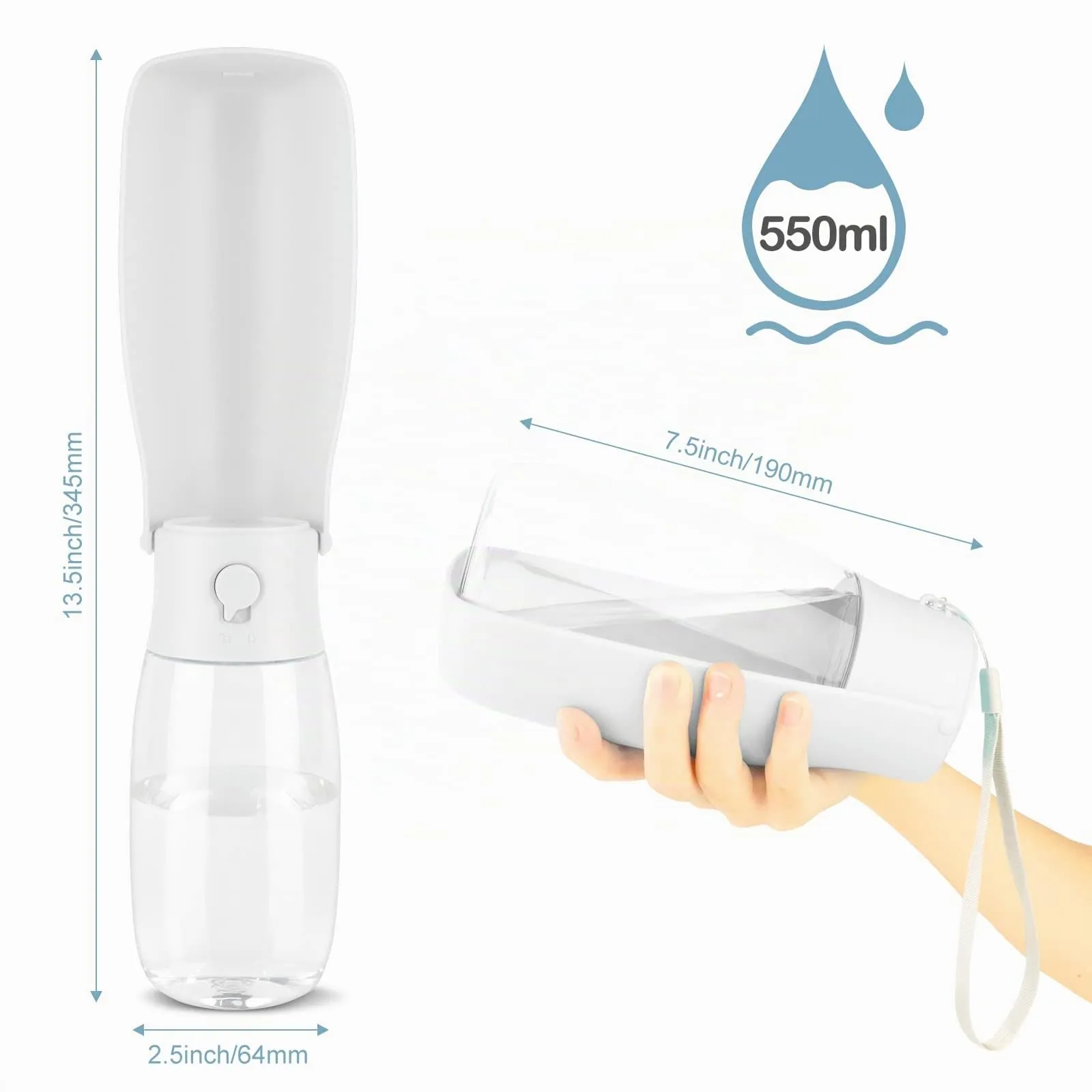 JOPHEK Borraccia per Cani Portatile 550ml, Bottiglia da Viaggio Ripiegabile a 180° con Pulsante di Blocco e Filtro a Carboni Attivi - immagine 2