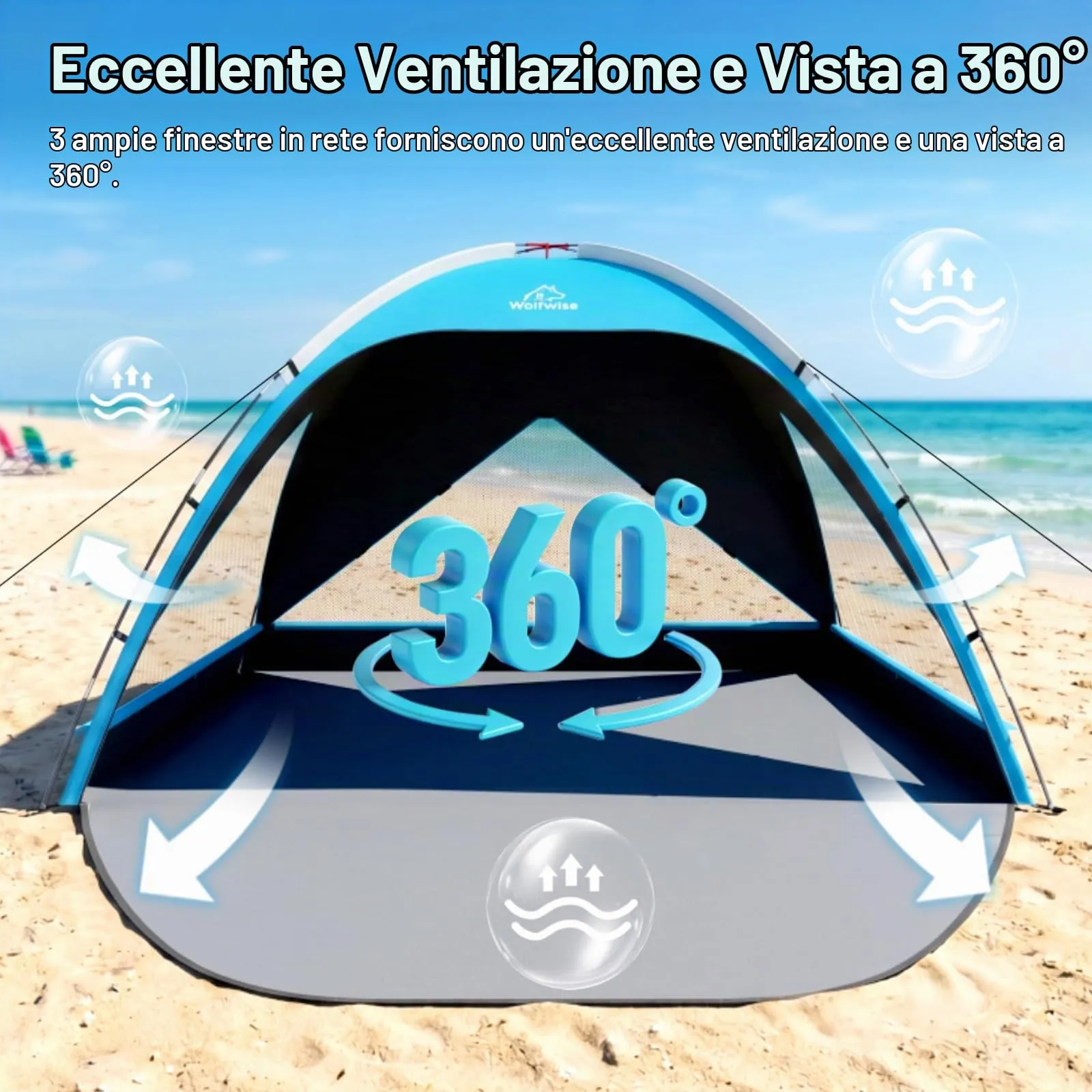 Wolfwise Tenda da Spiaggia UPF 50+ per 6 Persone, Riparo Solare Anti-UV con 3 Finestre Ventilate, Blu con rivestimento nero - immagine 2
