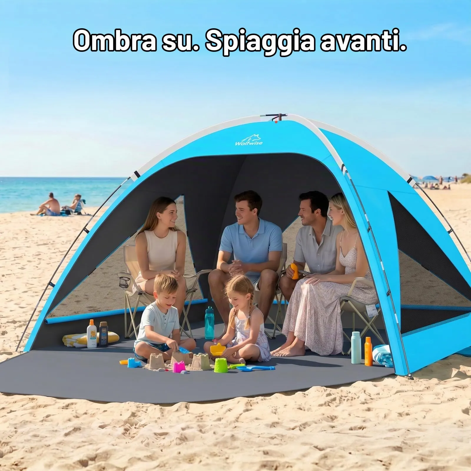 Wolfwise Tenda da Spiaggia UPF 50+ per 6 Persone, Riparo Solare Anti-UV con 3 Finestre Ventilate, Blu con rivestimento nero - immagine 4