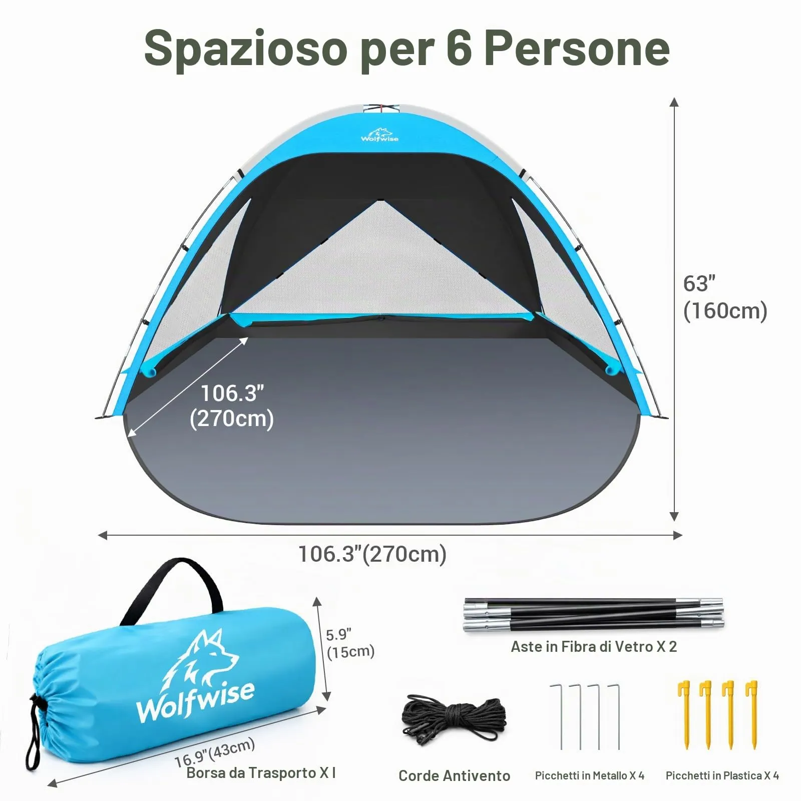 Wolfwise Tenda da Spiaggia UPF 50+ per 6 Persone, Riparo Solare Anti-UV con 3 Finestre Ventilate, Blu con rivestimento nero - immagine 5