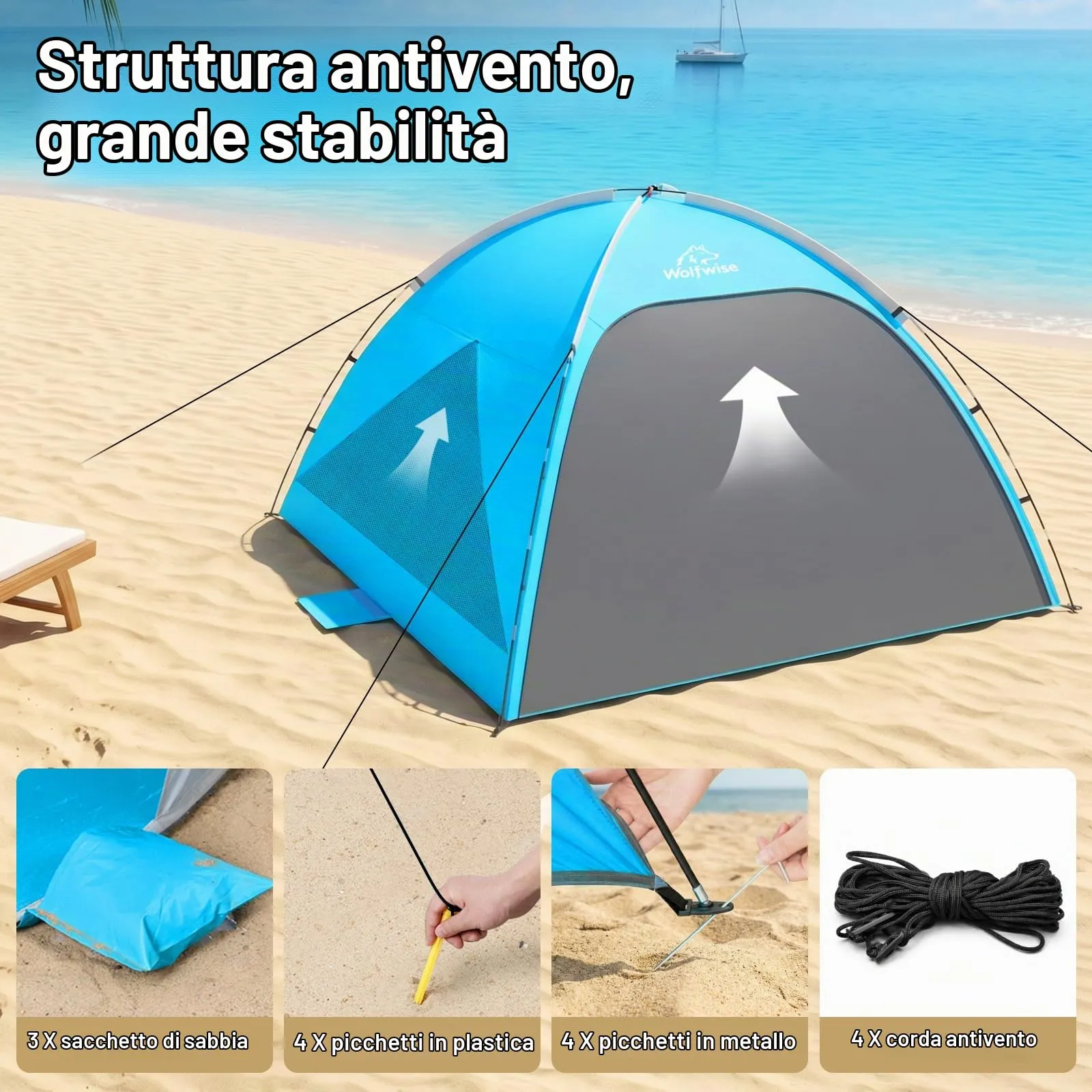 Wolfwise Tenda da Spiaggia UPF 50+ per 6 Persone, Riparo Solare Anti-UV con 3 Finestre Ventilate, Blu con rivestimento nero - immagine 8