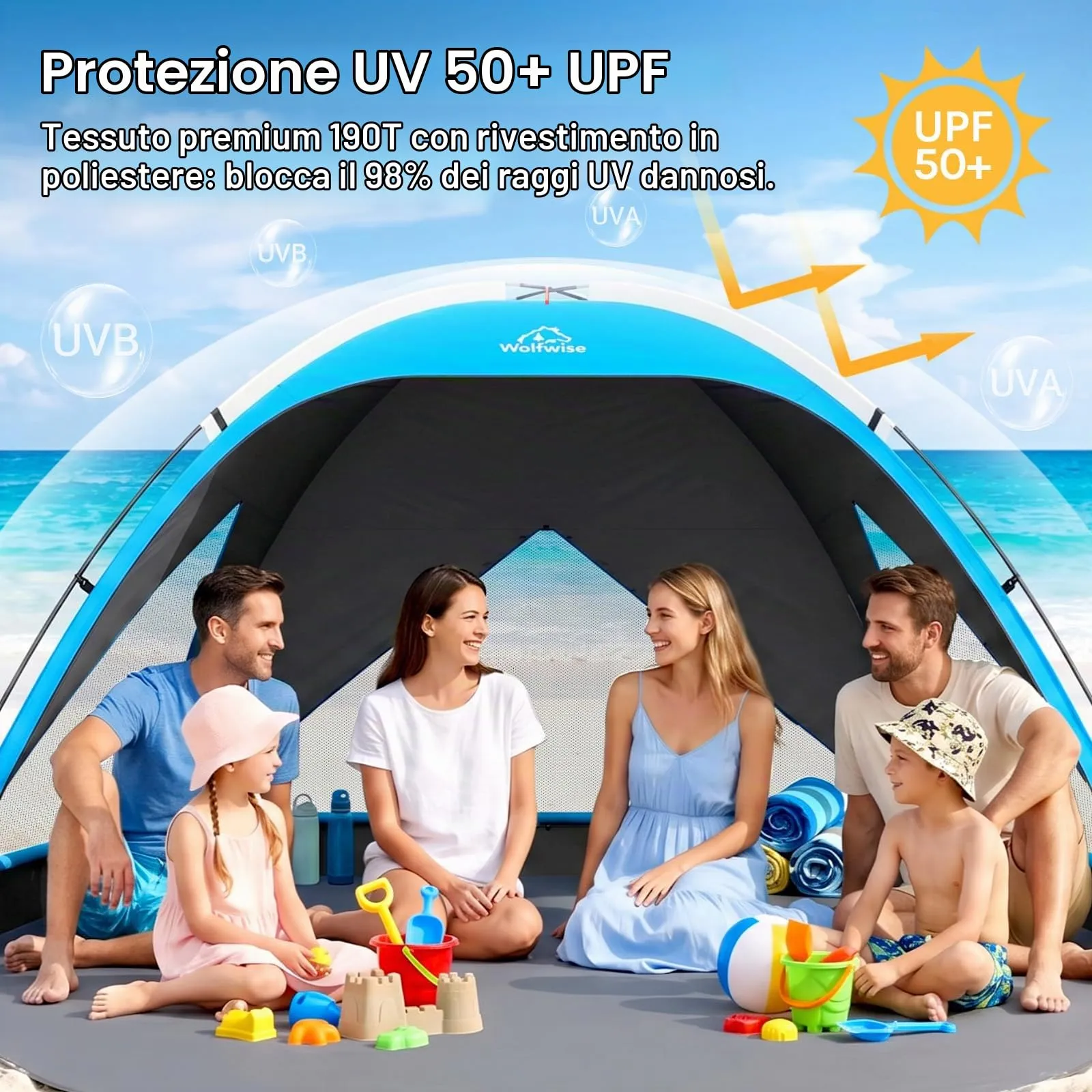 Wolfwise Tenda da Spiaggia UPF 50+ per 6 Persone, Riparo Solare Anti-UV con 3 Finestre Ventilate, Blu con rivestimento nero - immagine 9