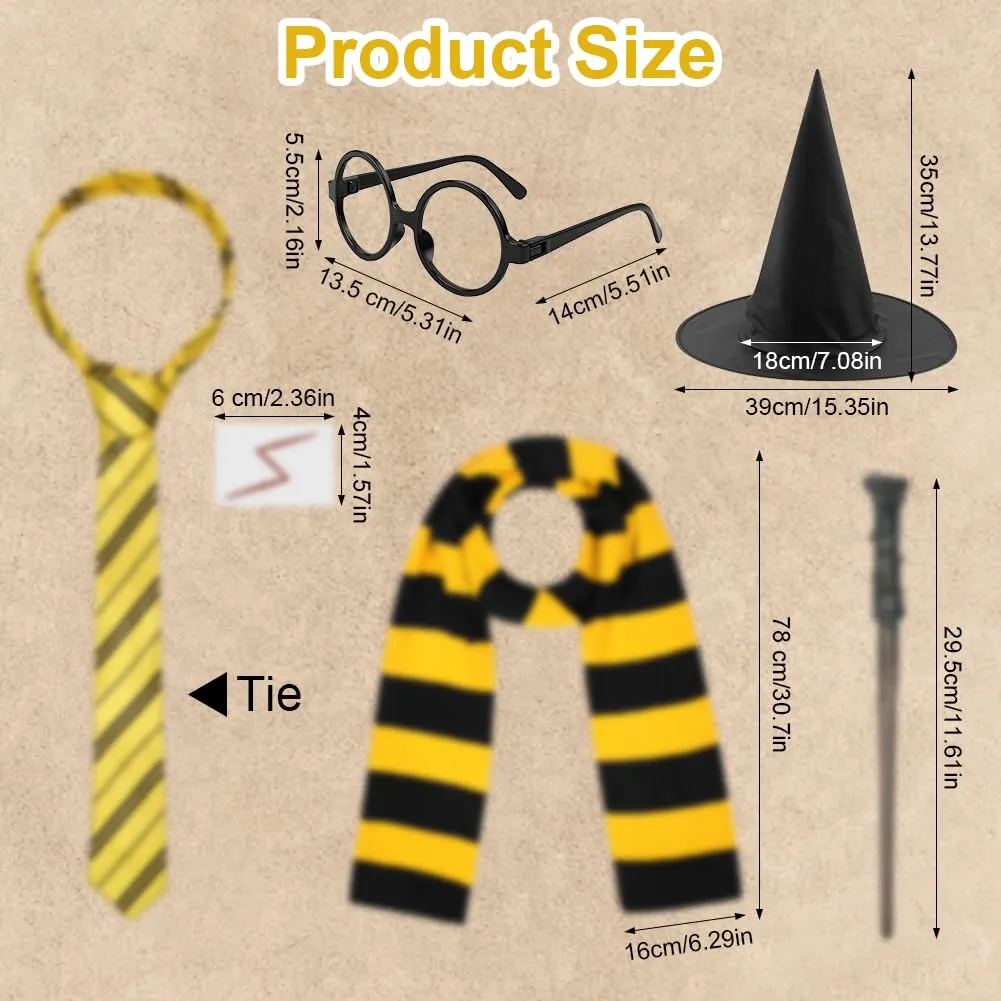 AUYAO Costume da Mago, Set di 18 Pezzi con Mantello, Cappello, Occhiali, Sciarpa, Cravatta, Bacchetta e Adesivi, Kit Cosplay per Bambini e Adulti - immagine 3