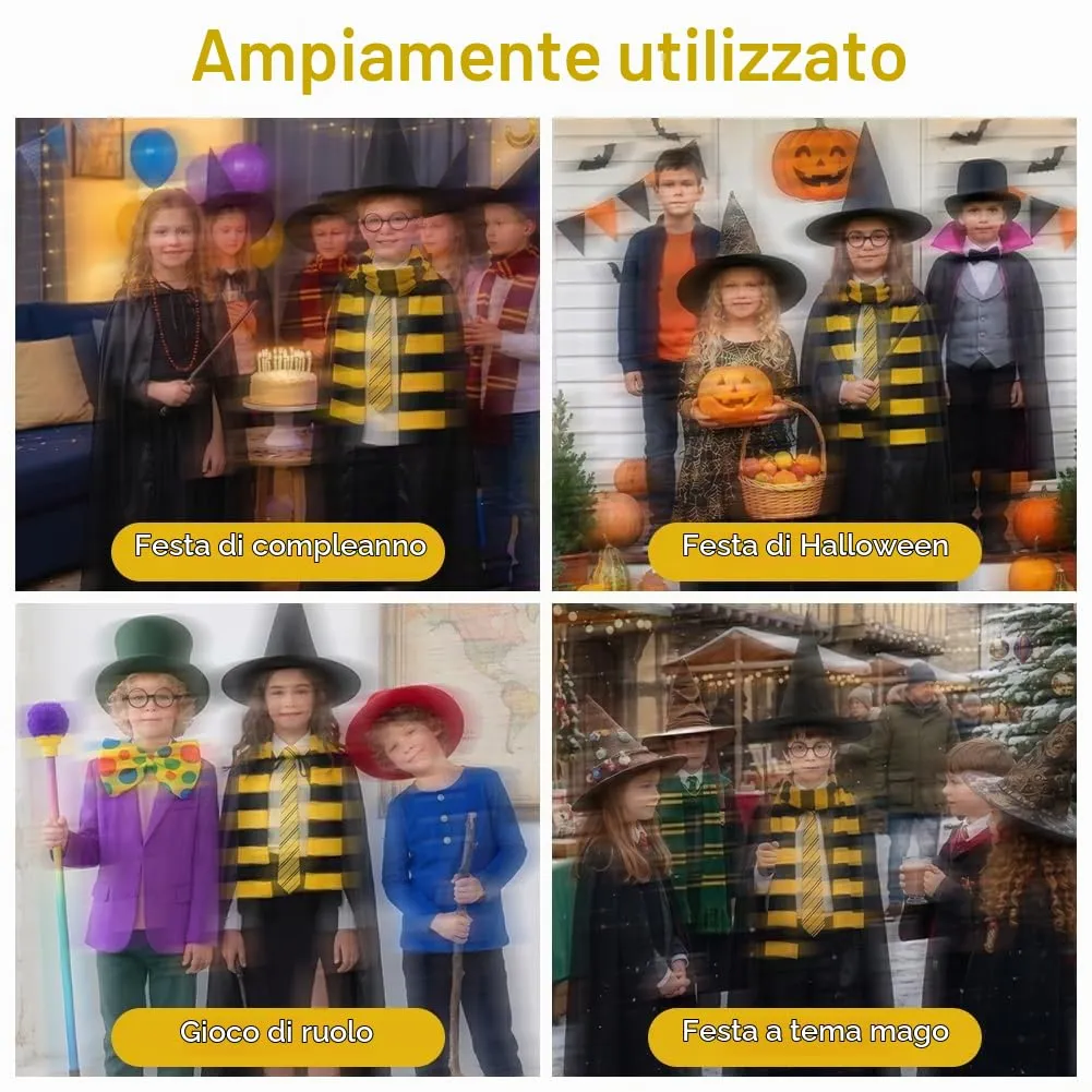 AUYAO Costume da Mago, Set di 18 Pezzi con Mantello, Cappello, Occhiali, Sciarpa, Cravatta, Bacchetta e Adesivi, Kit Cosplay per Bambini e Adulti - immagine 4