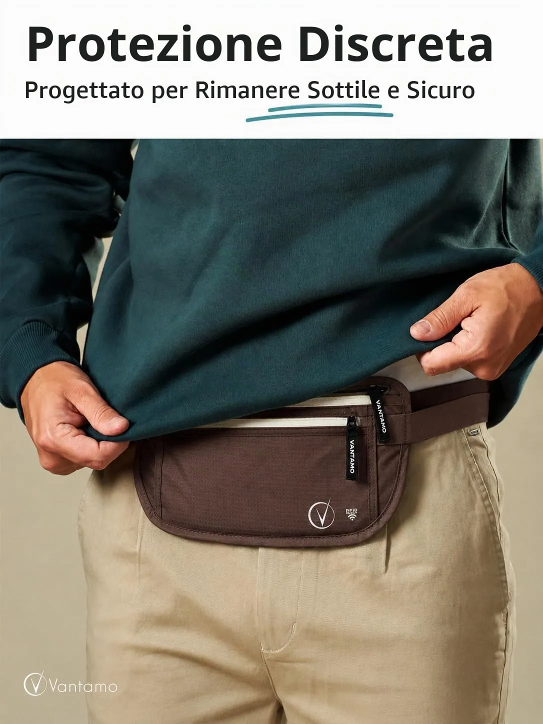 Vantamo Marsupio Ultrapiatto RFID Unisex con Cintura Regolabile per Corsa, Escursioni e Viaggi - immagine 2