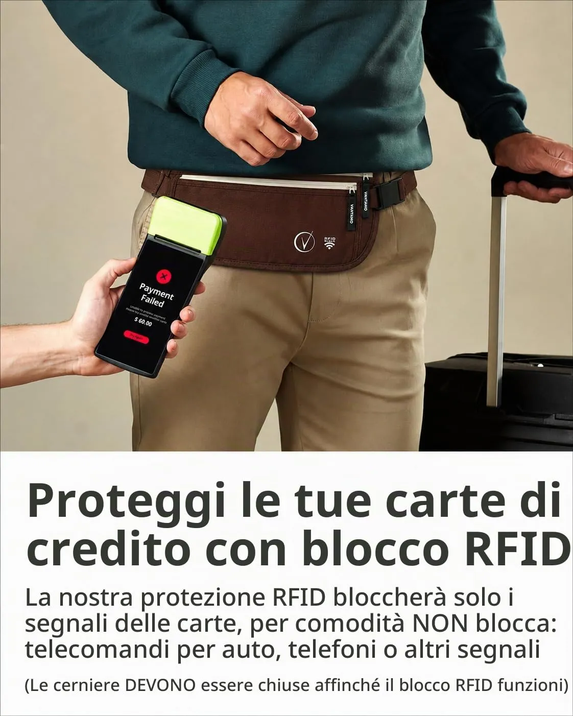 Vantamo Marsupio Ultrapiatto RFID Unisex con Cintura Regolabile per Corsa, Escursioni e Viaggi - immagine 3