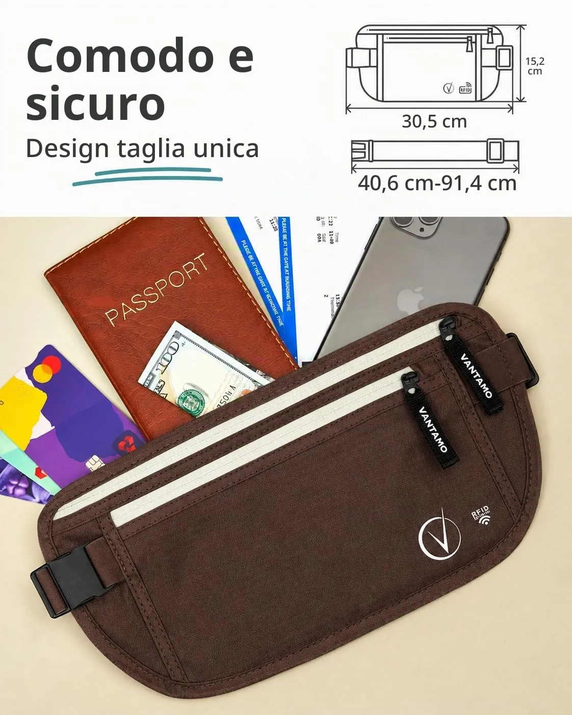 Vantamo Marsupio Ultrapiatto RFID Unisex con Cintura Regolabile per Corsa, Escursioni e Viaggi - immagine 4