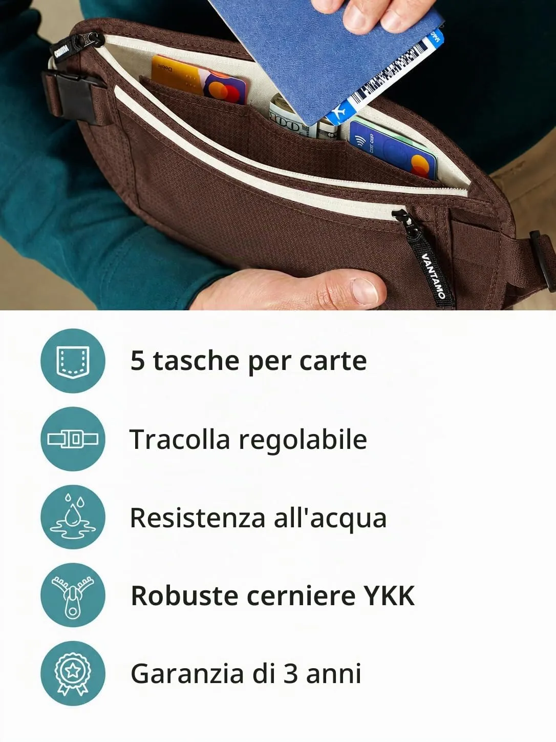 Vantamo Marsupio Ultrapiatto RFID Unisex con Cintura Regolabile per Corsa, Escursioni e Viaggi - immagine 5