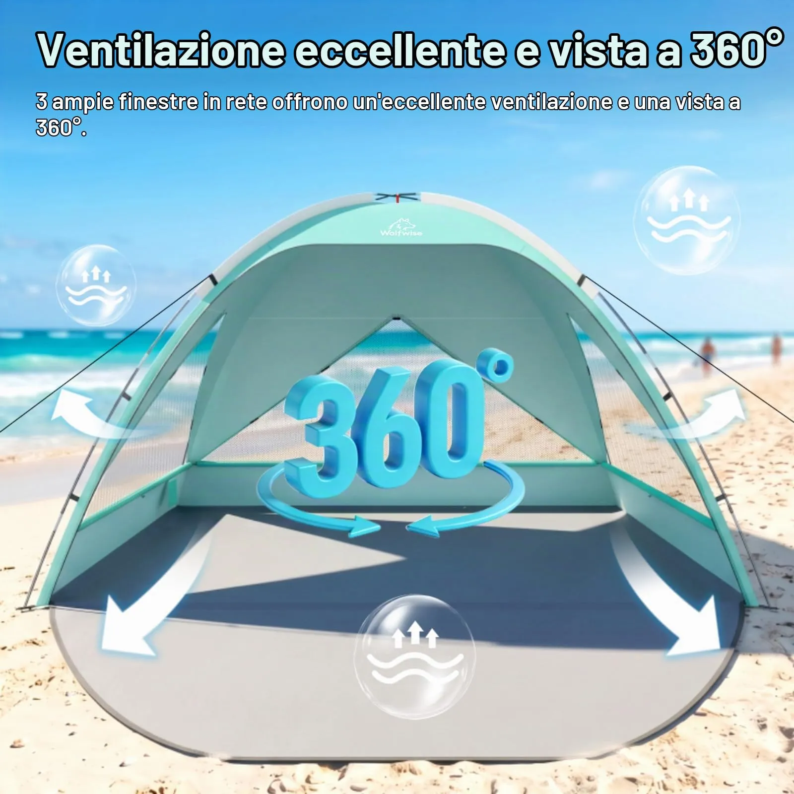 Wolfwise Tenda da Spiaggia UPF 50+, Riparo Solare Anti-UV con 3 Finestre Ventilate, Capacità 8 Persone, Verde Menta - immagine 2