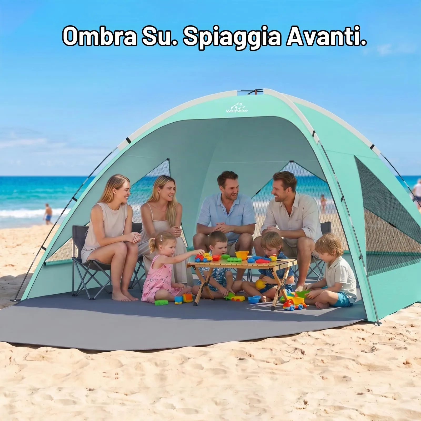 Wolfwise Tenda da Spiaggia UPF 50+, Riparo Solare Anti-UV con 3 Finestre Ventilate, Capacità 8 Persone, Verde Menta - immagine 4