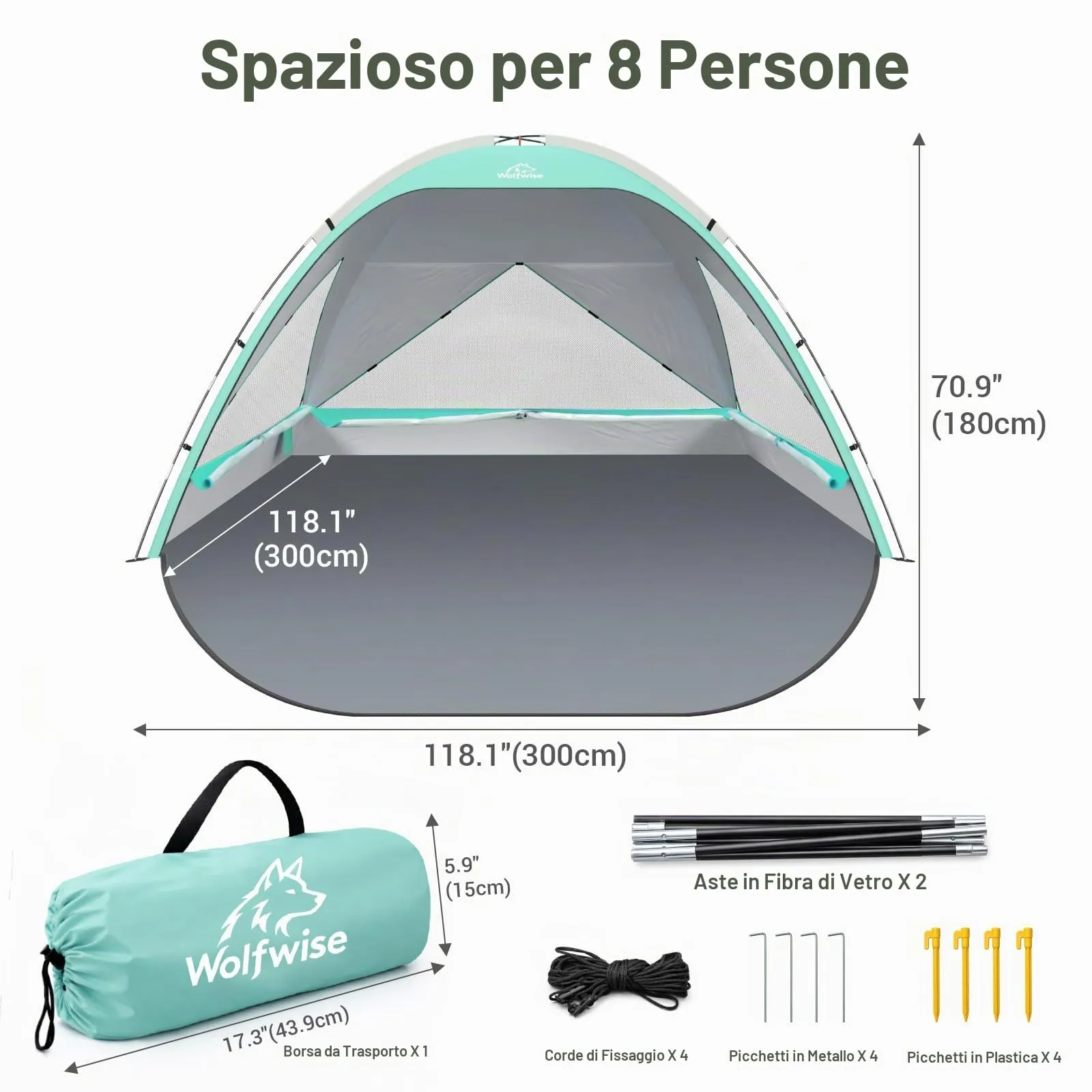 Wolfwise Tenda da Spiaggia UPF 50+, Riparo Solare Anti-UV con 3 Finestre Ventilate, Capacità 8 Persone, Verde Menta - immagine 5