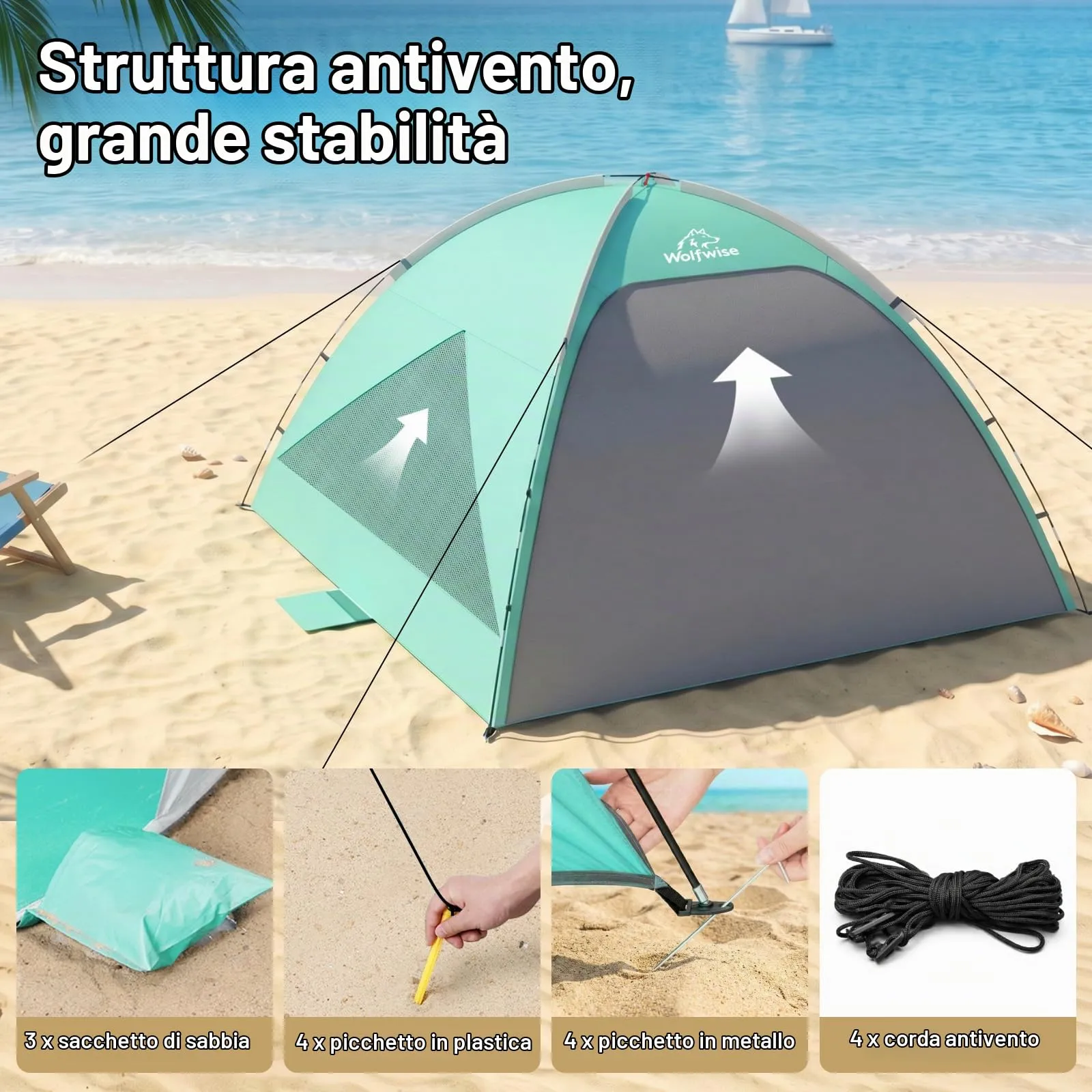 Wolfwise Tenda da Spiaggia UPF 50+, Riparo Solare Anti-UV con 3 Finestre Ventilate, Capacità 8 Persone, Verde Menta - immagine 8