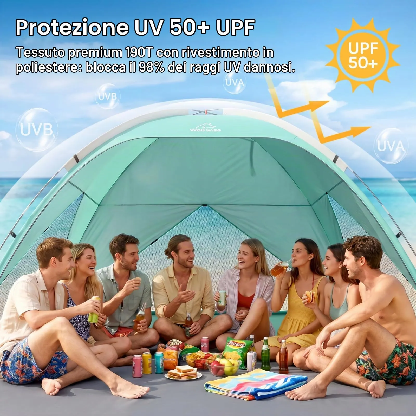 Wolfwise Tenda da Spiaggia UPF 50+, Riparo Solare Anti-UV con 3 Finestre Ventilate, Capacità 8 Persone, Verde Menta - immagine 9