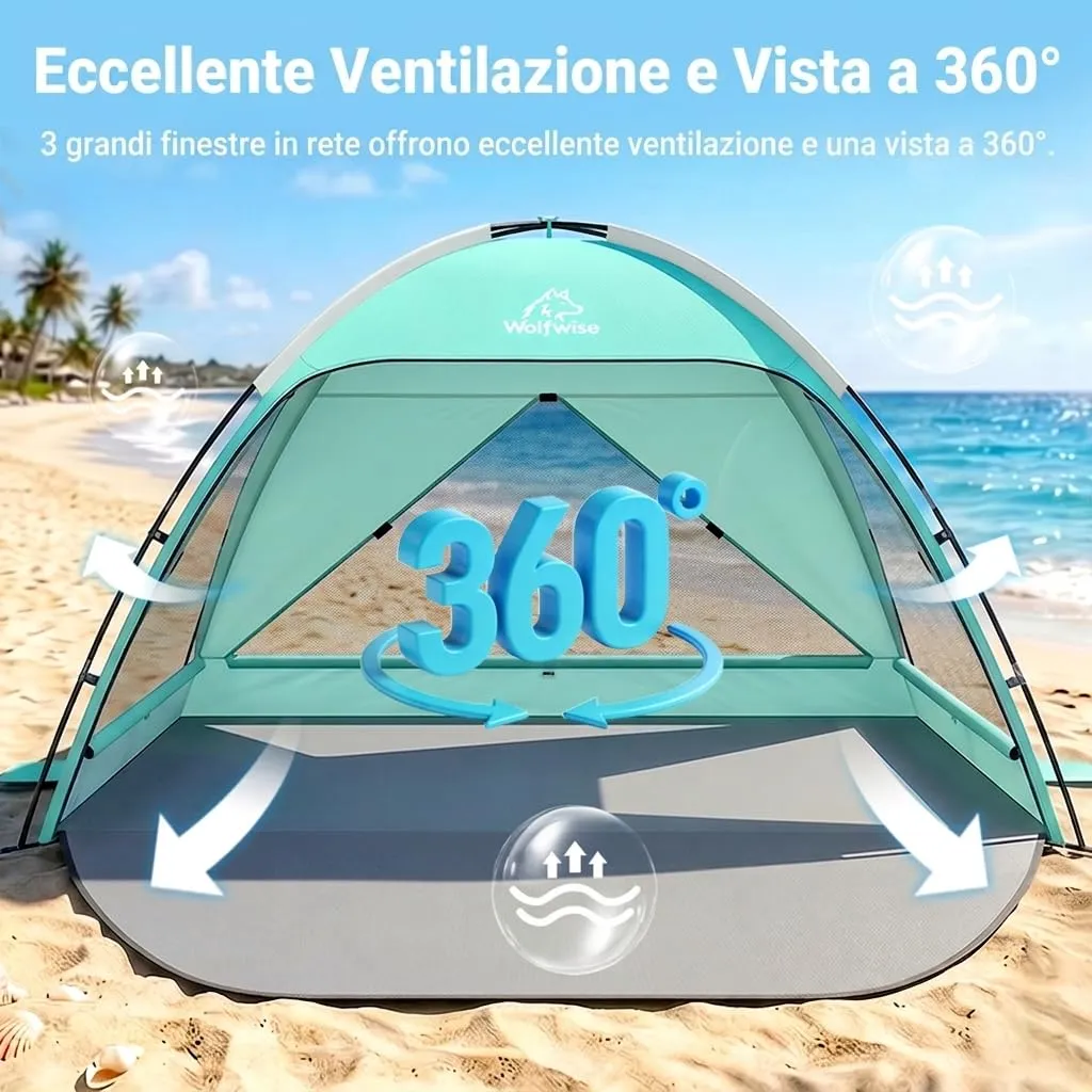 Wolfwise Tenda da Spiaggia UPF 50+, Riparo Solare Anti-UV con 3 Finestre Ventilate, Capacità 3 Persone, Verde Menta - immagine 2