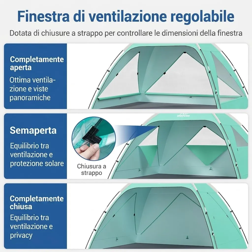 Wolfwise Tenda da Spiaggia UPF 50+, Riparo Solare Anti-UV con 3 Finestre Ventilate, Capacità 3 Persone, Verde Menta - immagine 3
