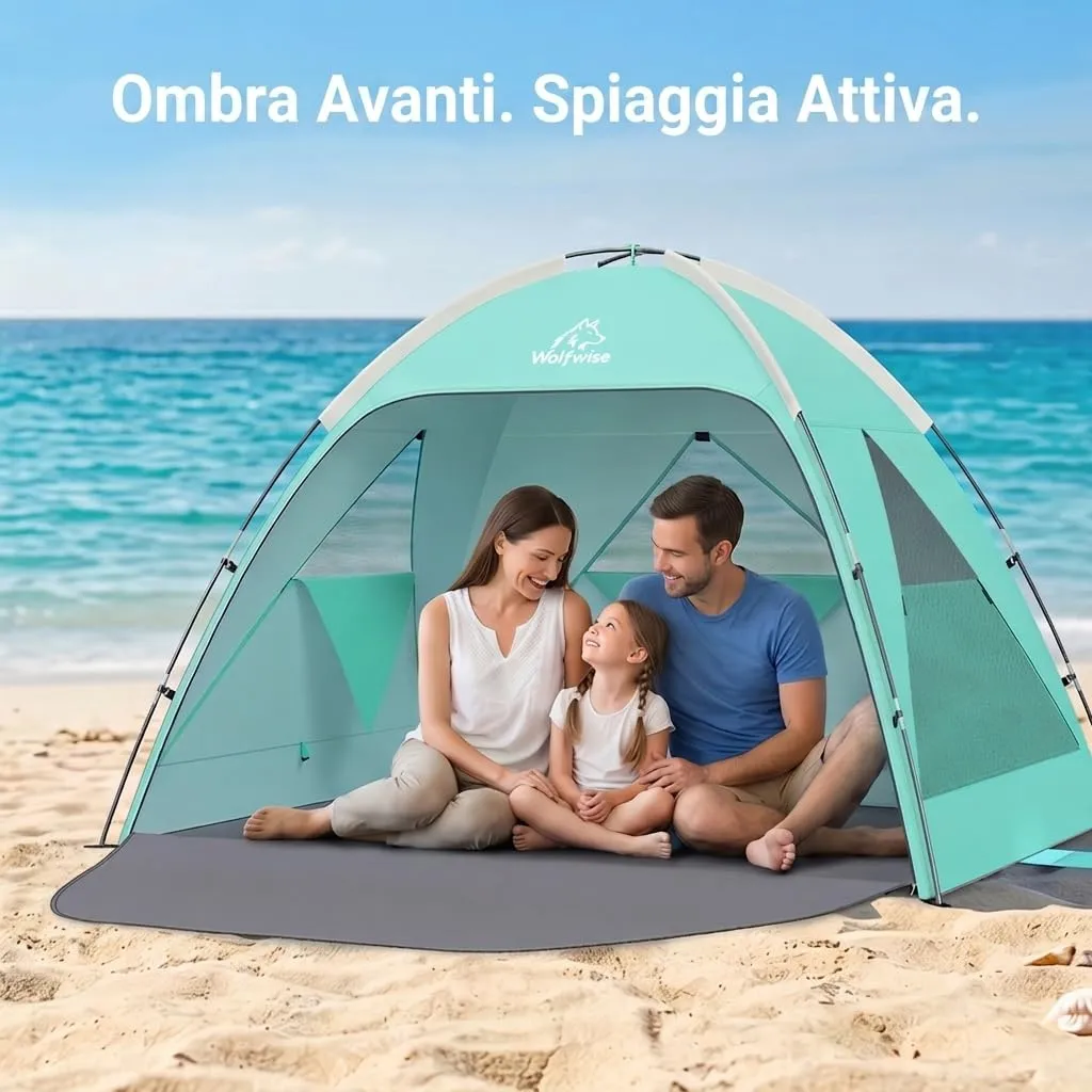 Wolfwise Tenda da Spiaggia UPF 50+, Riparo Solare Anti-UV con 3 Finestre Ventilate, Capacità 3 Persone, Verde Menta - immagine 4