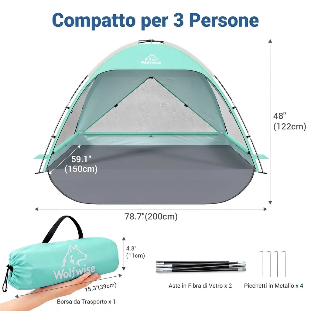 Wolfwise Tenda da Spiaggia UPF 50+, Riparo Solare Anti-UV con 3 Finestre Ventilate, Capacità 3 Persone, Verde Menta - immagine 5