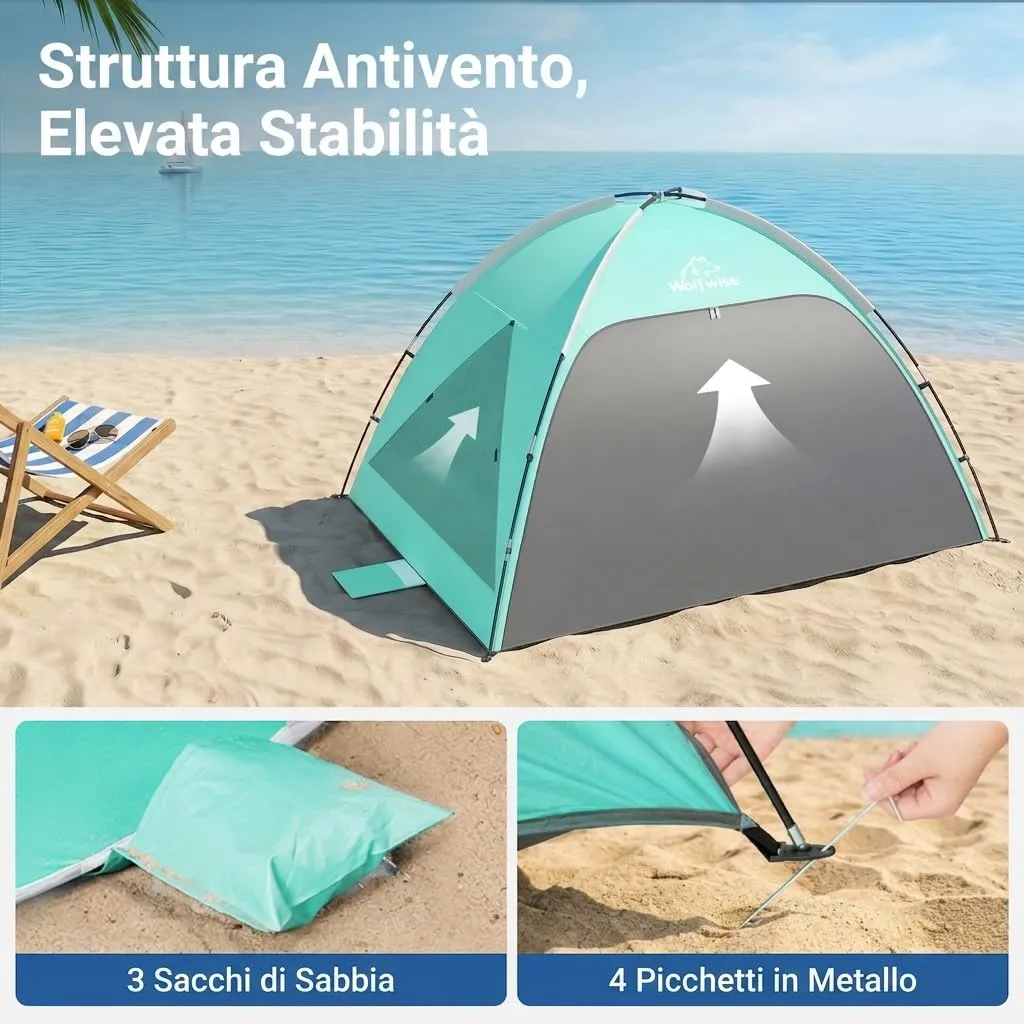 Wolfwise Tenda da Spiaggia UPF 50+, Riparo Solare Anti-UV con 3 Finestre Ventilate, Capacità 3 Persone, Verde Menta - immagine 8
