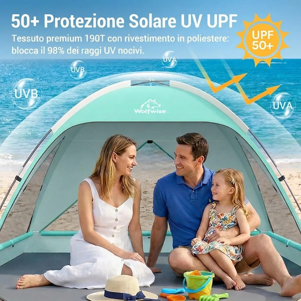 Wolfwise Tenda da Spiaggia UPF 50+, Riparo Solare Anti-UV con 3 Finestre Ventilate, Capacità 3 Persone, Verde Menta - immagine 9
