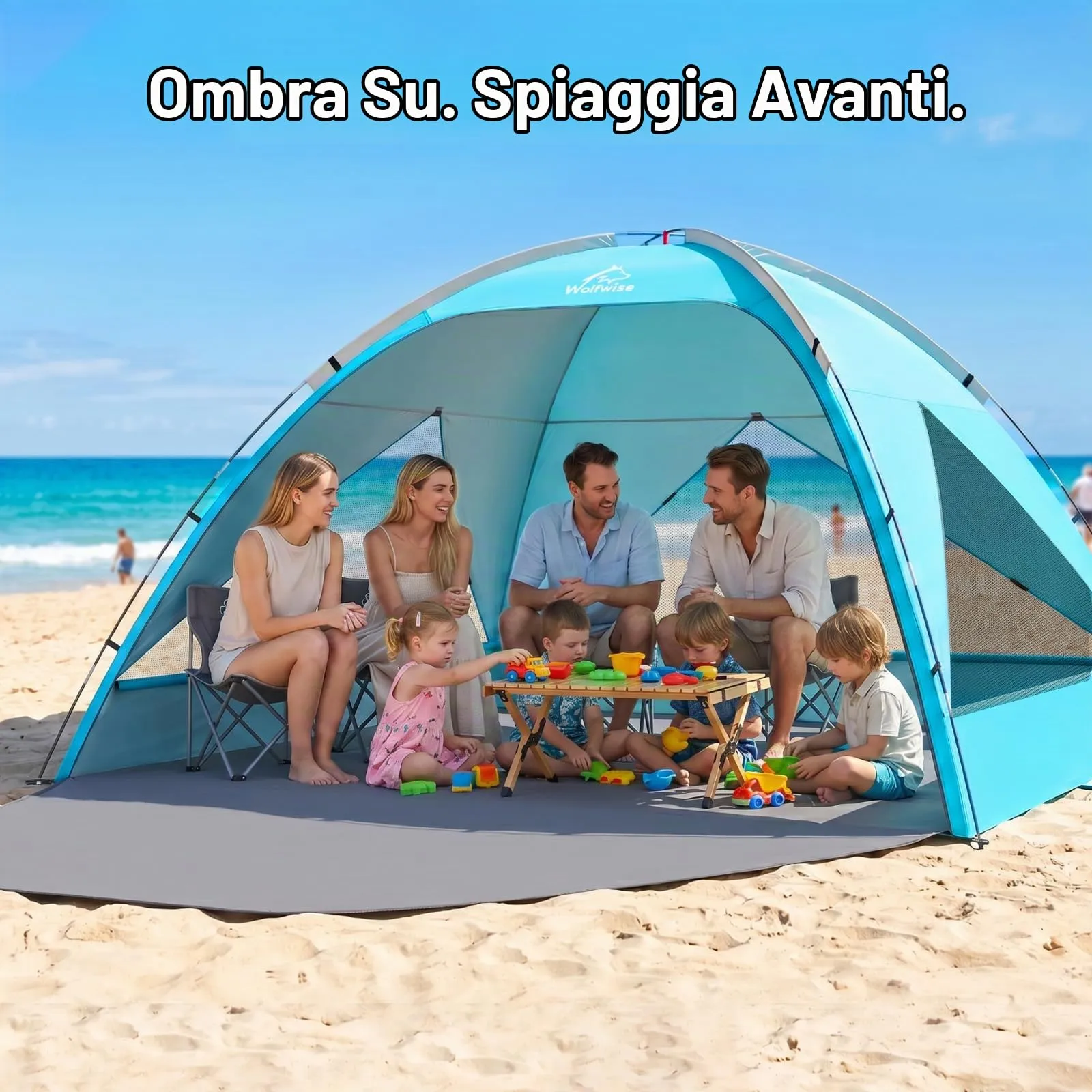 Wolfwise Tenda da Spiaggia UPF 50+ per Famiglia, Riparo Solare Anti-UV, 8 Persone, Blu - immagine 4